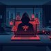 Horogra akadt számítógép: hacker sziluettje neon biztonsági ikonokkal egy modern szobában.