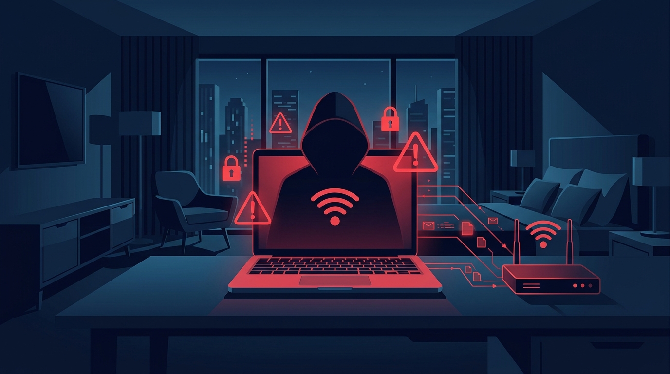 Horogra akadt számítógép: hacker sziluettje neon biztonsági ikonokkal egy modern szobában.