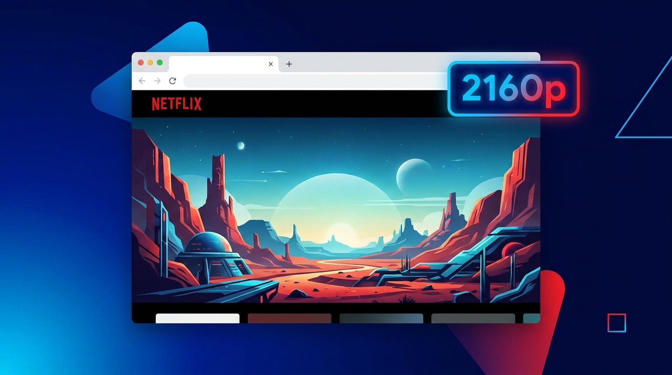 Netflix streaming szolgáltatás 2160p felbontással megjelenített sci-fi tájképpel a böngészőben.