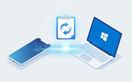 Eszközök közötti szinkronizáció: okostelefon és Windows laptop között adatátvitel szoftverrel.