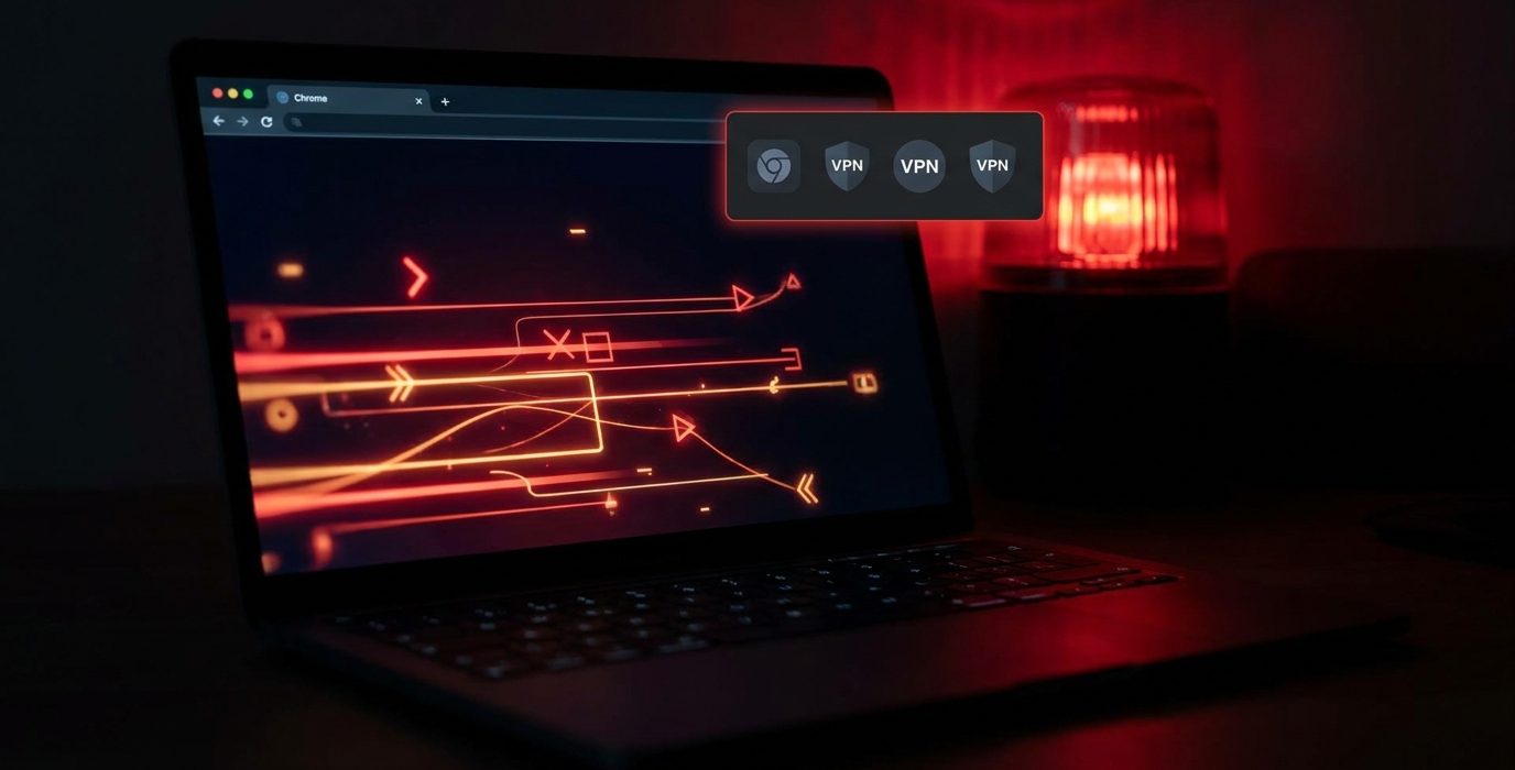 MacBook laptopan nyitott Chrome böngészőben VPN bővítmények megjelenítése piros neon háttérrel.