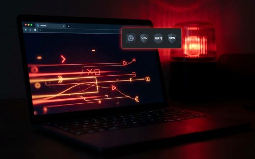 MacBook laptopan nyitott Chrome böngészőben VPN bővítmények megjelenítése piros neon háttérrel.
