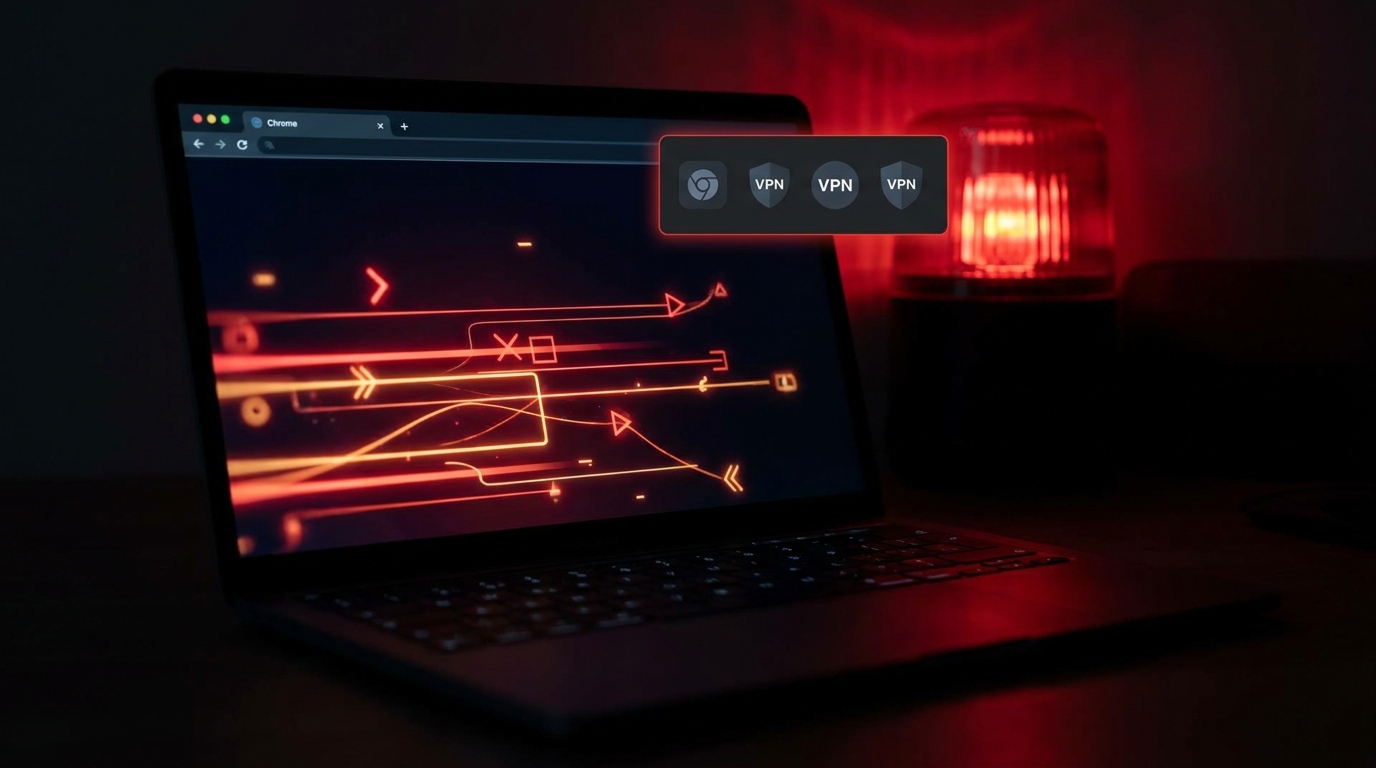 MacBook laptopan nyitott Chrome böngészőben VPN bővítmények megjelenítése piros neon háttérrel.