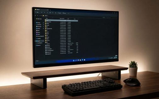 Számítógép asztal Modern Stúdió, Monitor a fájlkezelőt mutat, billentyűzet, egér, szögletes váza mellett.