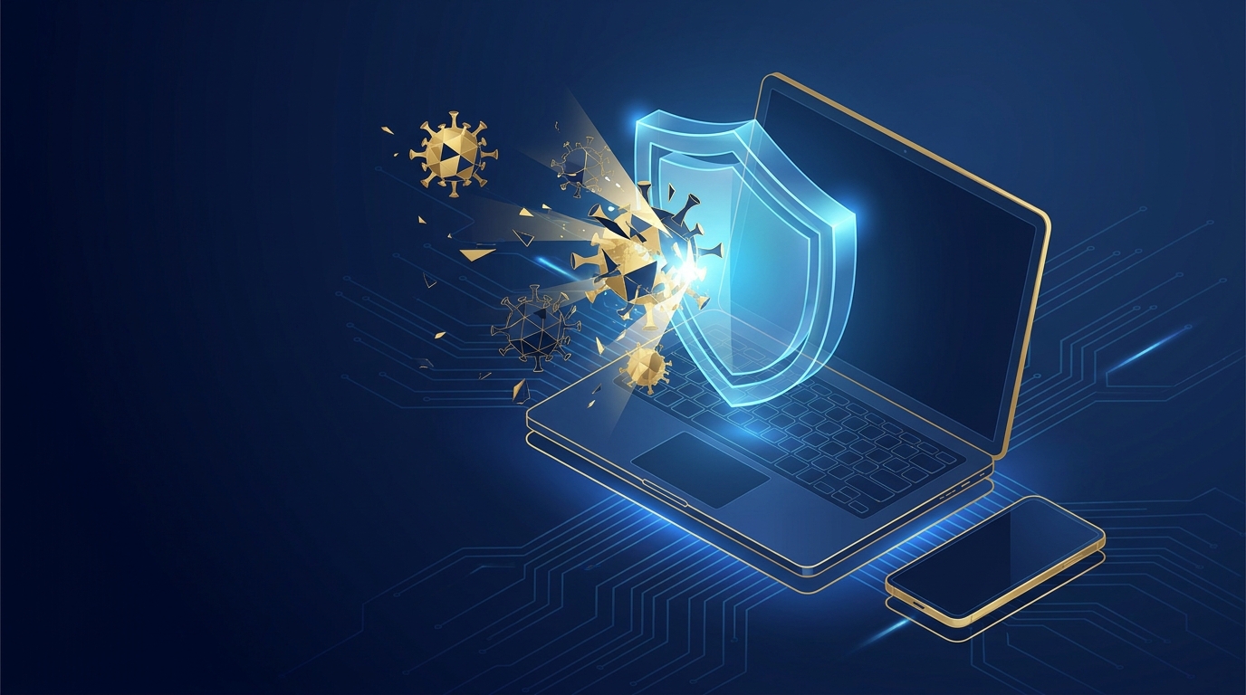 Laptop glowing shield védelemmel blokkolja az arany vírusokat digitális biztonsági koncepció.