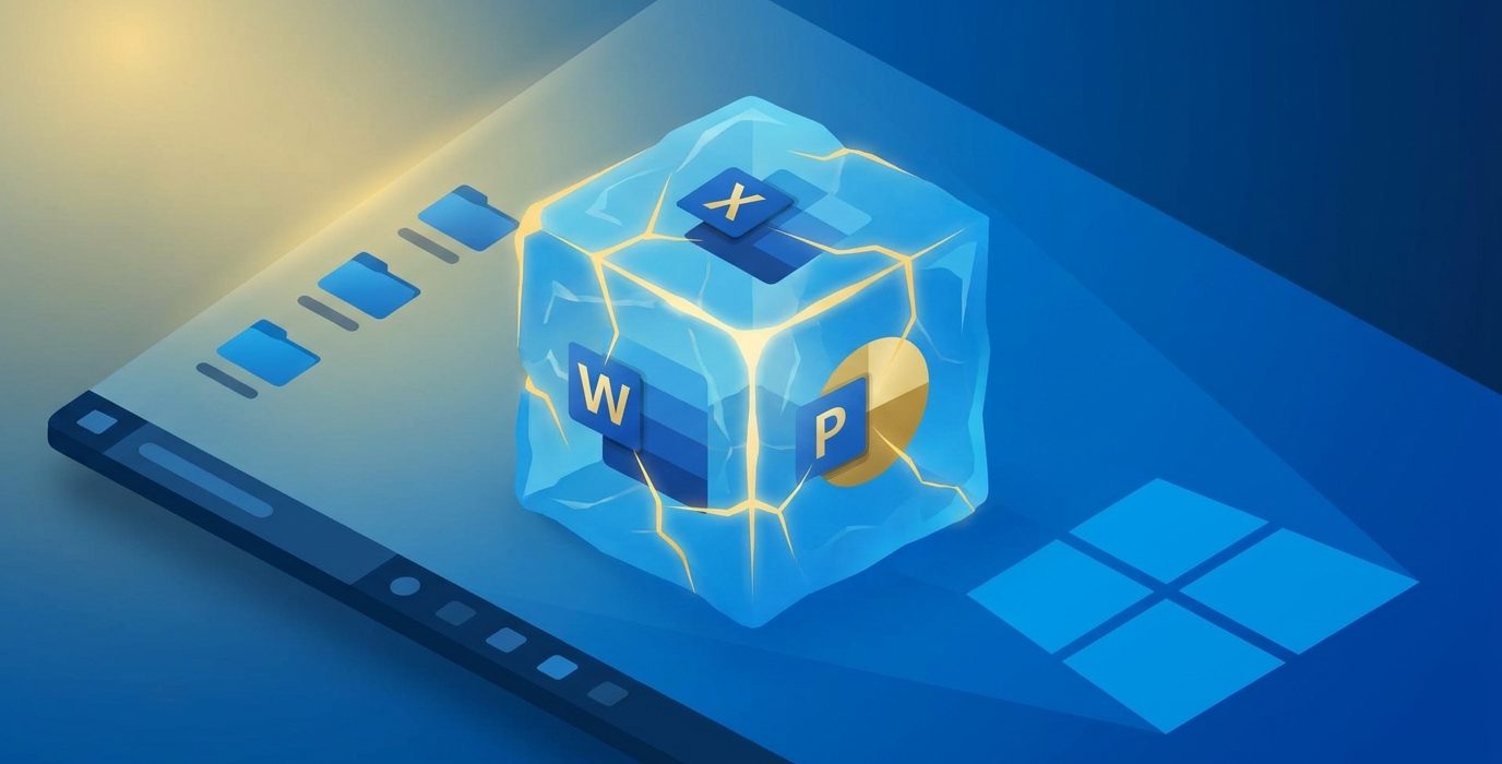 Microsoft Office és Windows szoftvercsomag illusztrációja világító kristály kockában, kék háttéren.