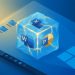 Microsoft Office és Windows szoftvercsomag illusztrációja világító kristály kockában, kék háttéren.