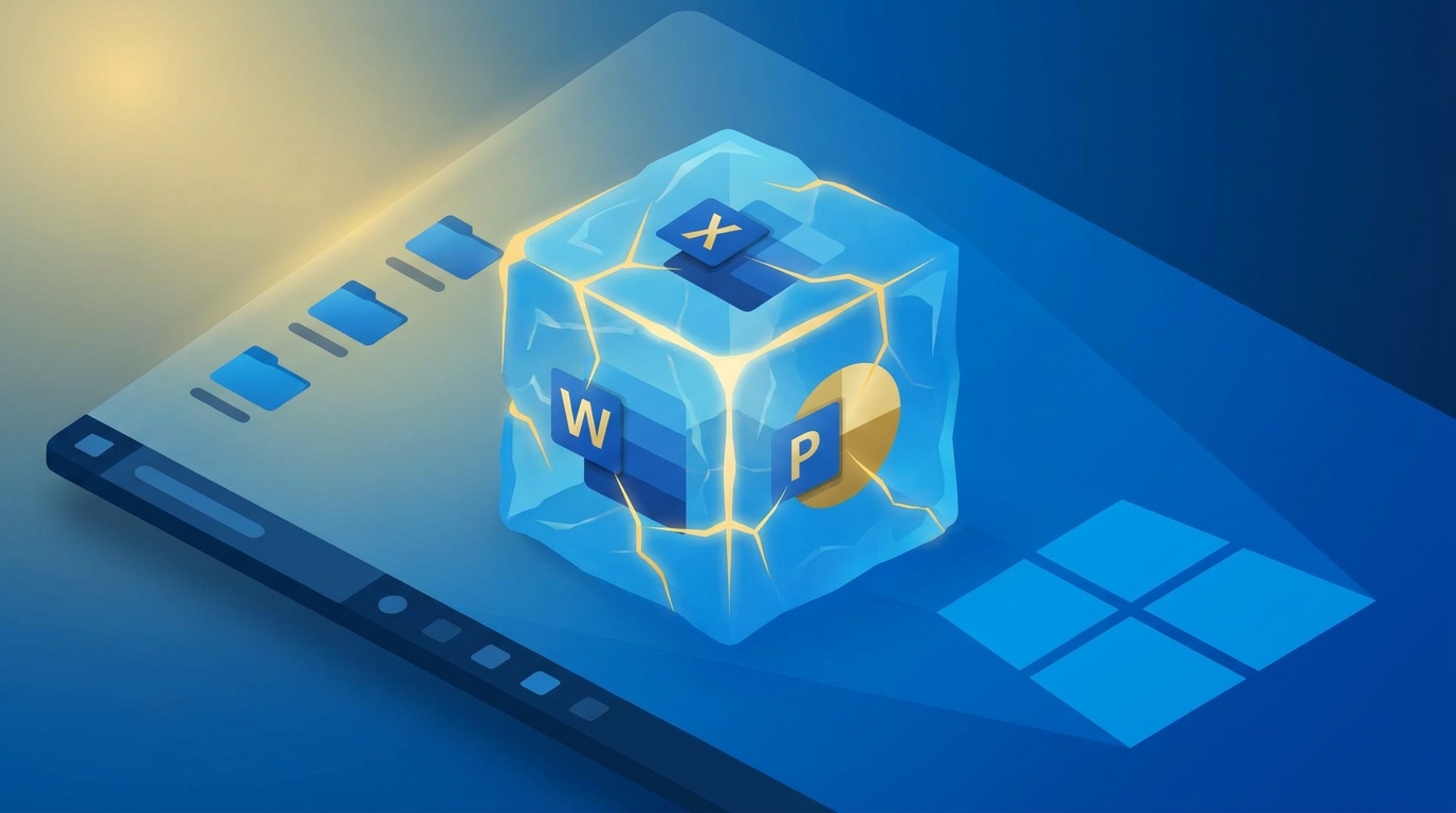 Microsoft Office és Windows szoftvercsomag illusztrációja világító kristály kockában, kék háttéren.