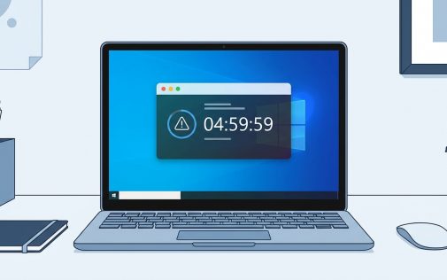 Laptop képernyője egy figyelmeztetési ablakkal, amely 04:59:59 számláló időmérőt és figyelmeztető ikont jelenít meg.