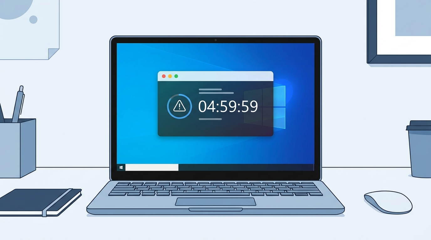 Laptop képernyője egy figyelmeztetési ablakkal, amely 04:59:59 számláló időmérőt és figyelmeztető ikont jelenít meg.