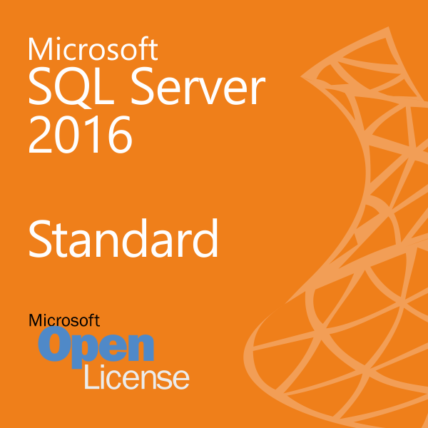 Microsoft SQL Server 2016 Standard Microsoft Open License termék logója narancssárga háttéren.